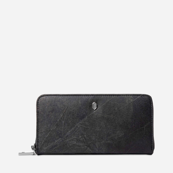  Black Leaf Pattern Zip Around Wallet by Thamon