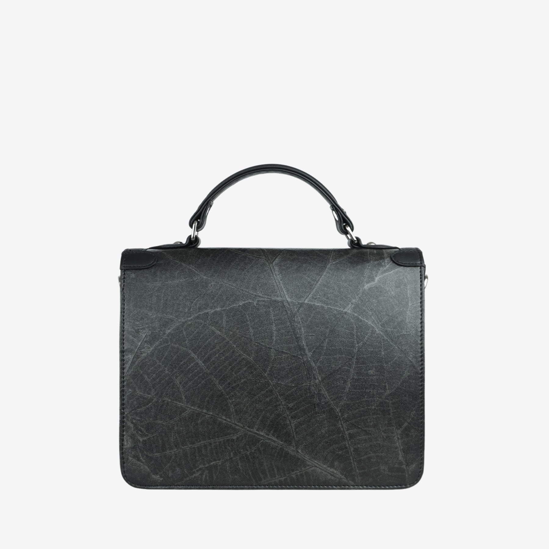 Back view of Camden crossbody bag in black Leaftex with top handle and large natural leaf vein detailing