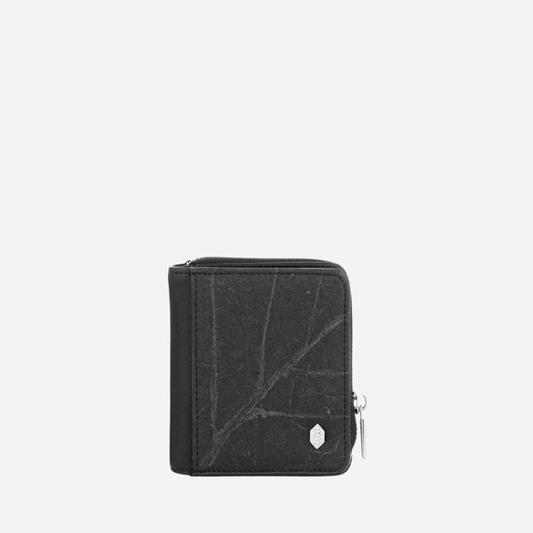Front view of a Thamon black leaf leather compact zip-around wallet with a leaf vein pattern and brand emblem.