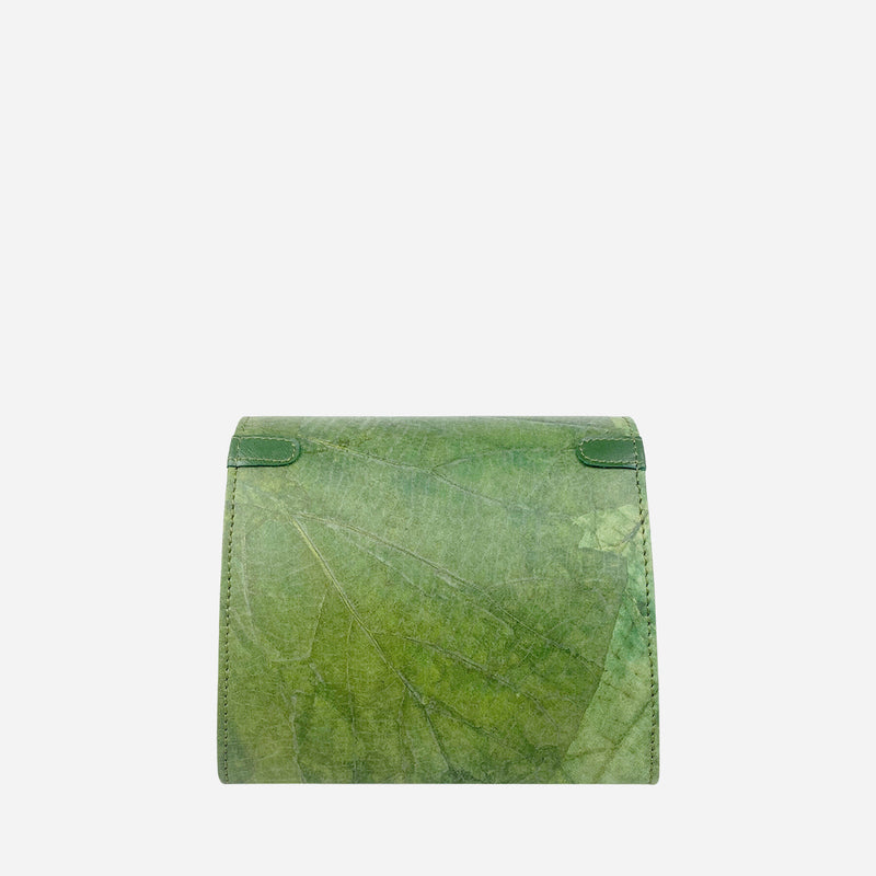 Back view of the Thamon Forest Green Leaf Leather Box Bag, featuring a detailed green leaf vein pattern on sustainable leaf leather, with a clean and simple design, set against a white background.
