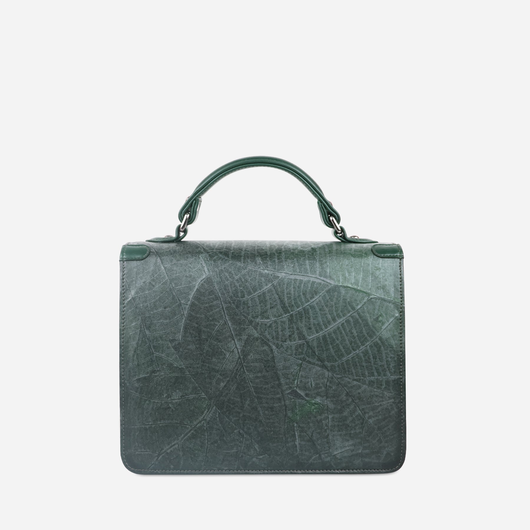 Back view of Camden crossbody bag in forest green Leaftex with top handle and bold natural leaf texture pattern
