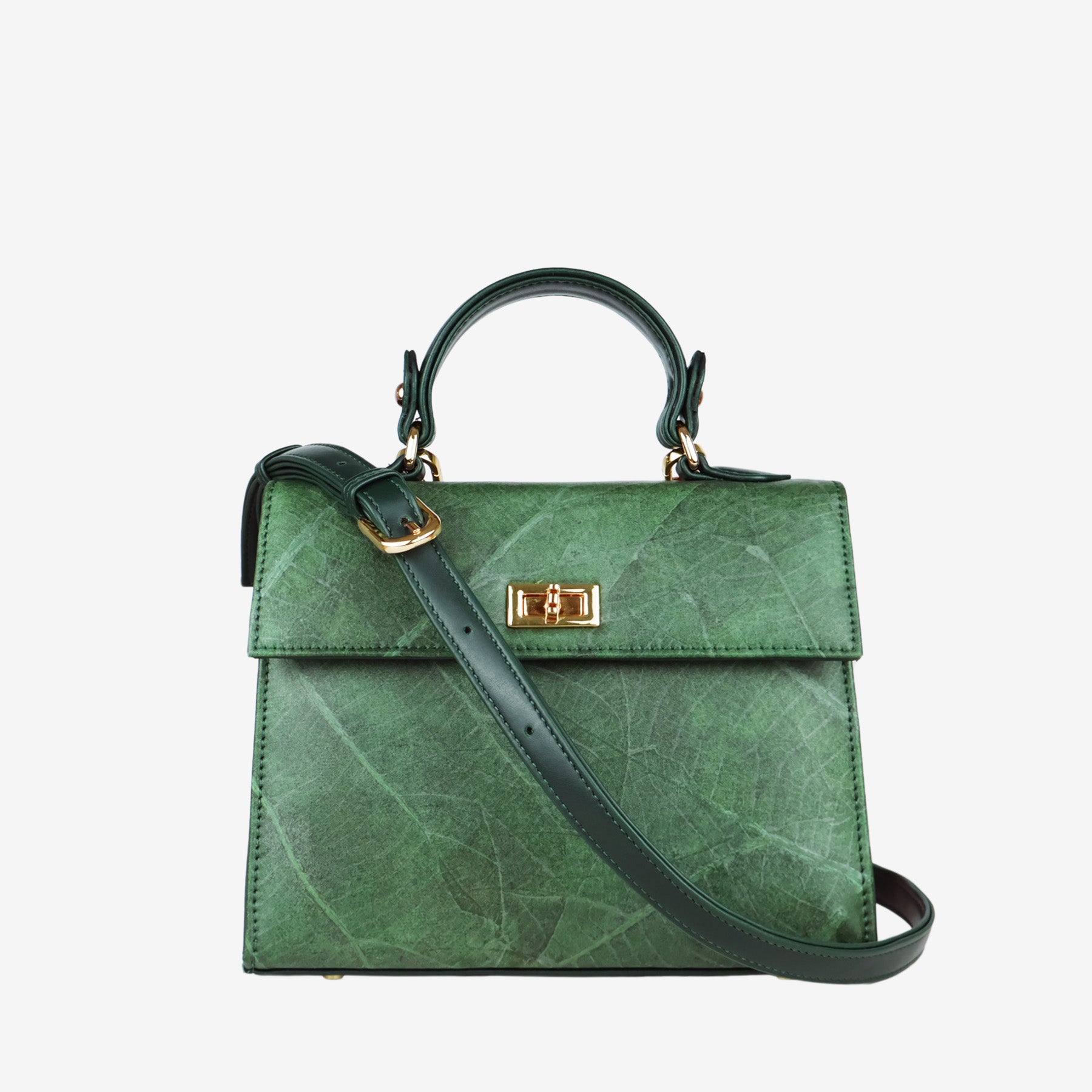 Front view of the Kylie handbag in forest green, crafted from Leaftex (real leaf leather) with a top handle and gold-tone hardware