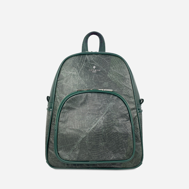 Front Forest Green Leaf Pattern Vegan Backpack by Thamon