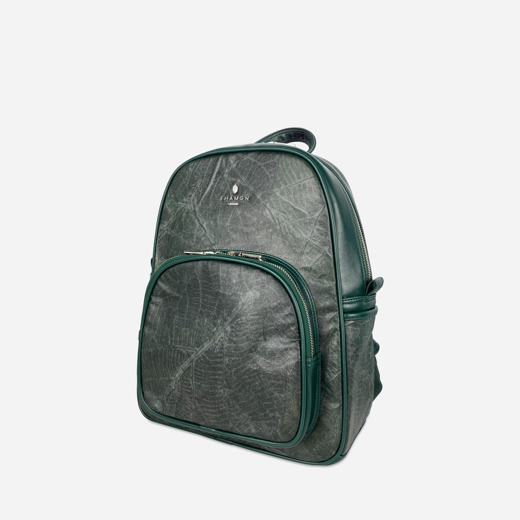 Side Forest Green Leaf Pattern Vegan Backpack by Thamon