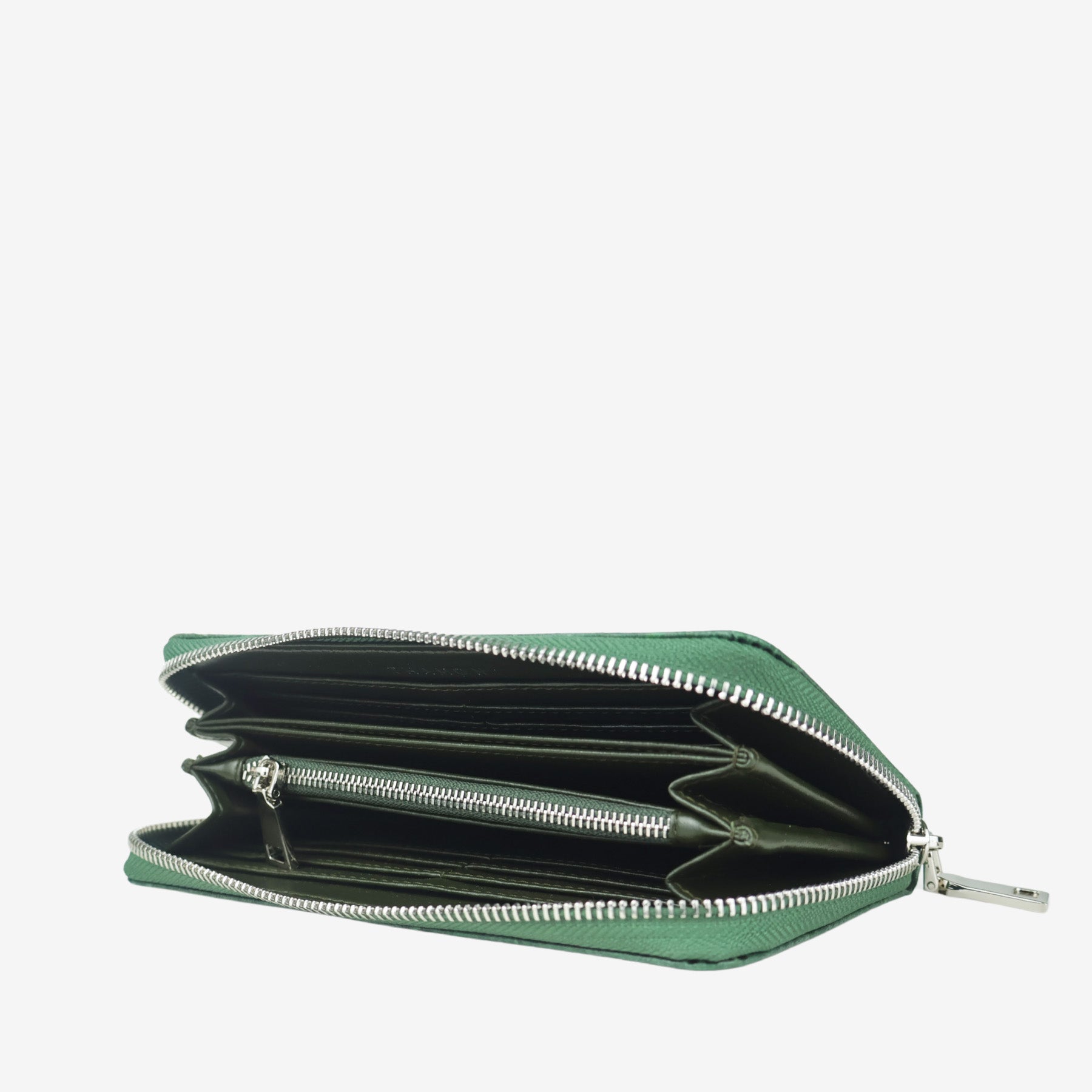 Inside Forest Green Leaf Pattern Zip Around Wallet by Thamon