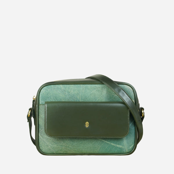 Open Forest Green Leaf pattern Isabelle Crossbody Bag by Thamon