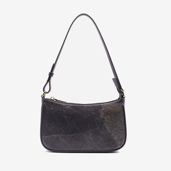 Front view of the Mila Black Vegan Shoulder Bag made with black leaf leather featuring sleek design