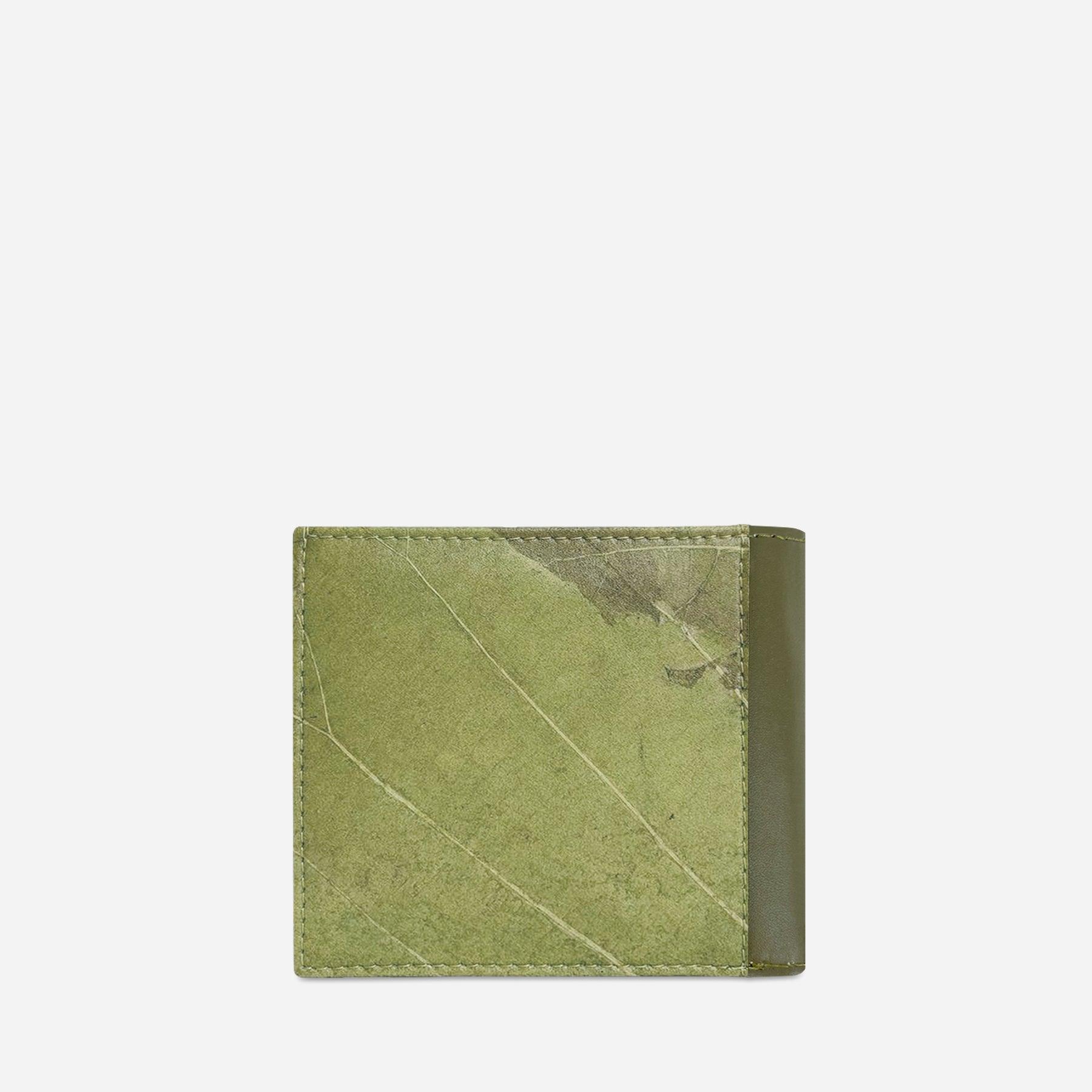 Back view of the Olive Oliver Wallet in olive green, crafted from Leaftex (real leaf leather) by Thamon