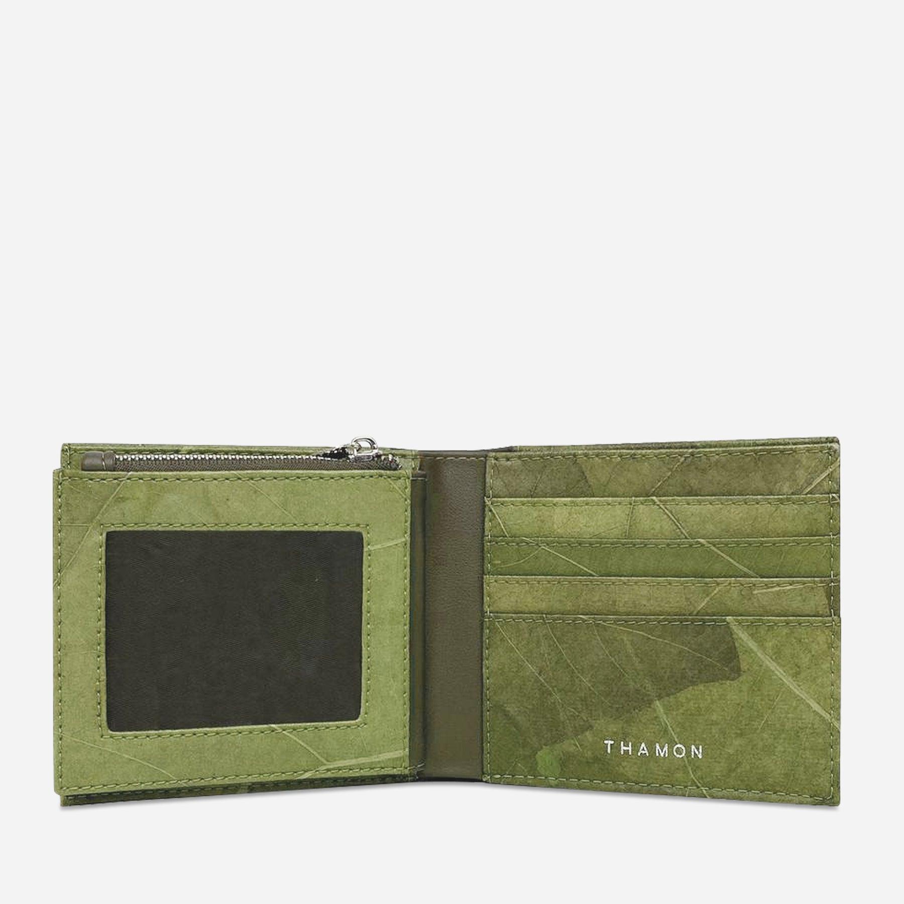 Interior view of Thamon Olive Oliver Wallet featuring card slots, ID window, and zippered coin pocket, crafted from leaftex (real leaf leather)