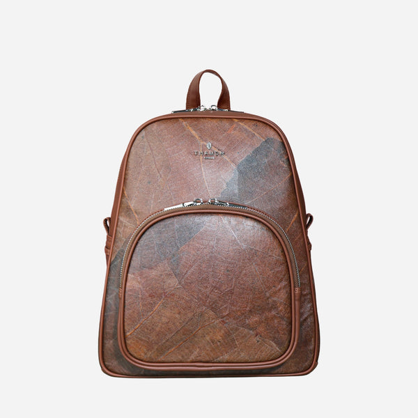 Front Spice Brown Green Leaf Pattern Vegan Backpack by Thamon