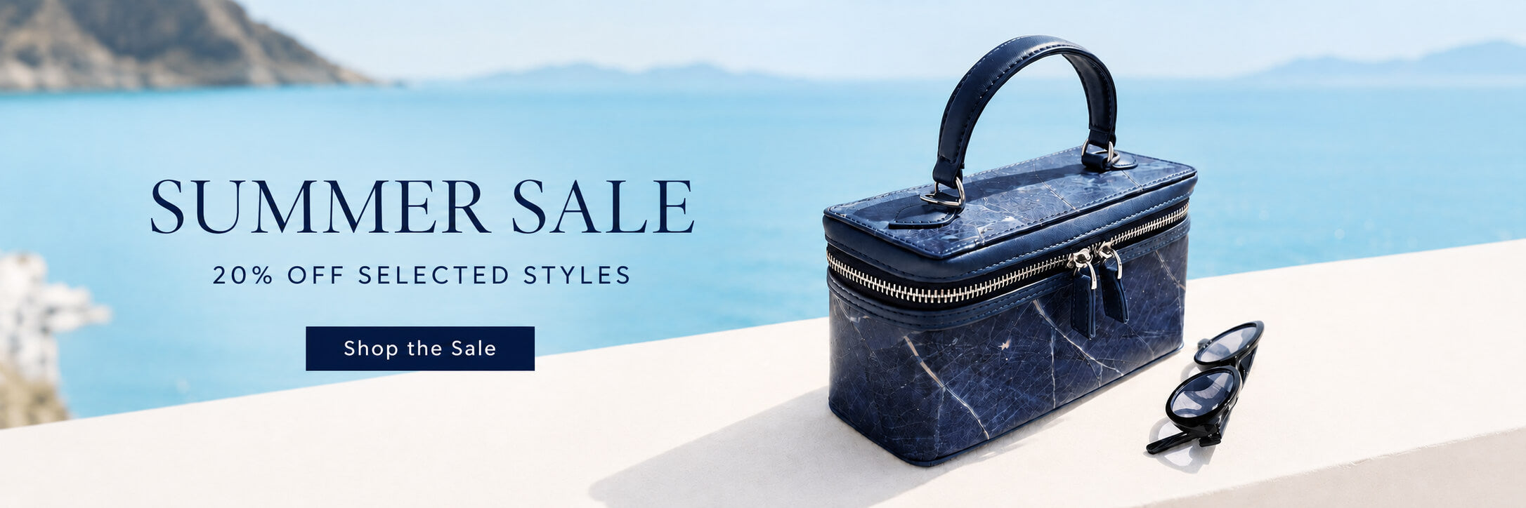 THAMON Summer Sale banner featuring the blue Leaftex vanity bag with 20% off selected styles