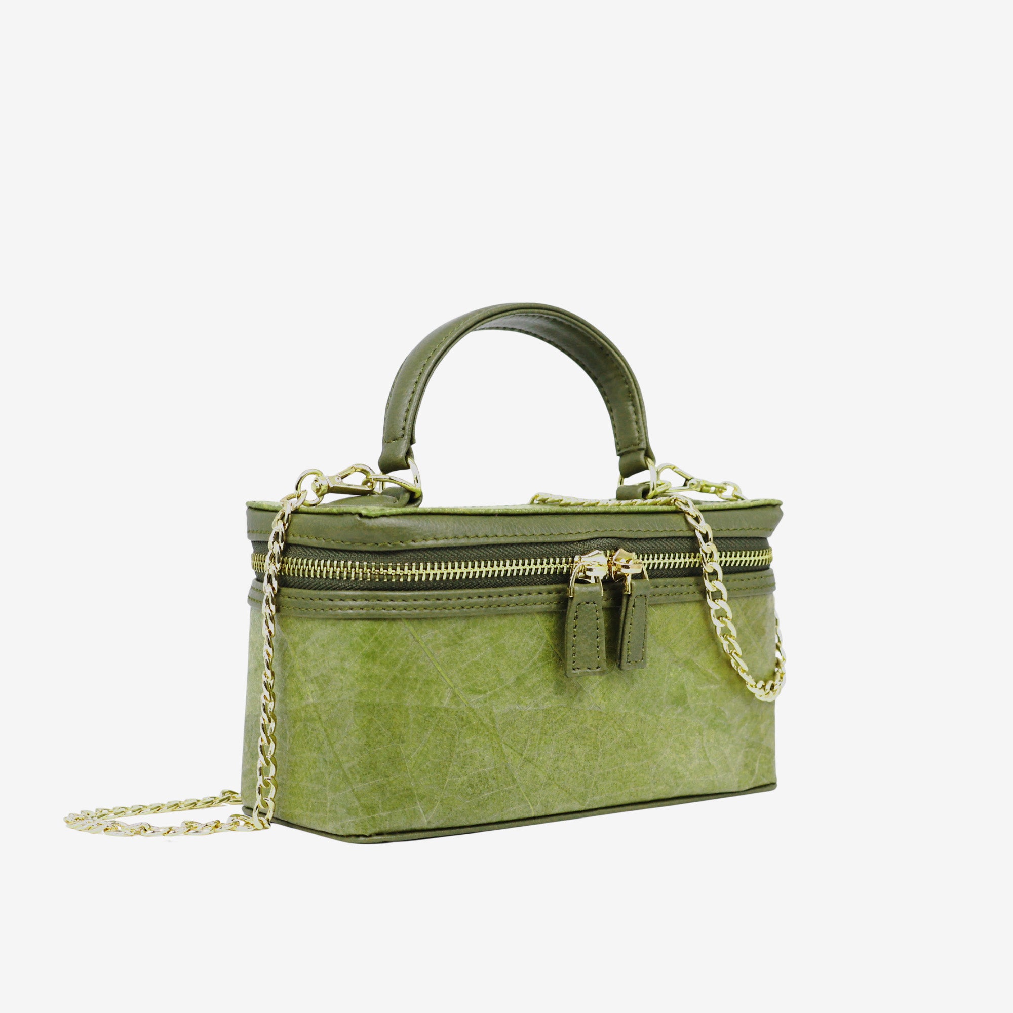 Side view of Thamon Vanity Crossbody Bag in olive green Leaftex with gold hardware.