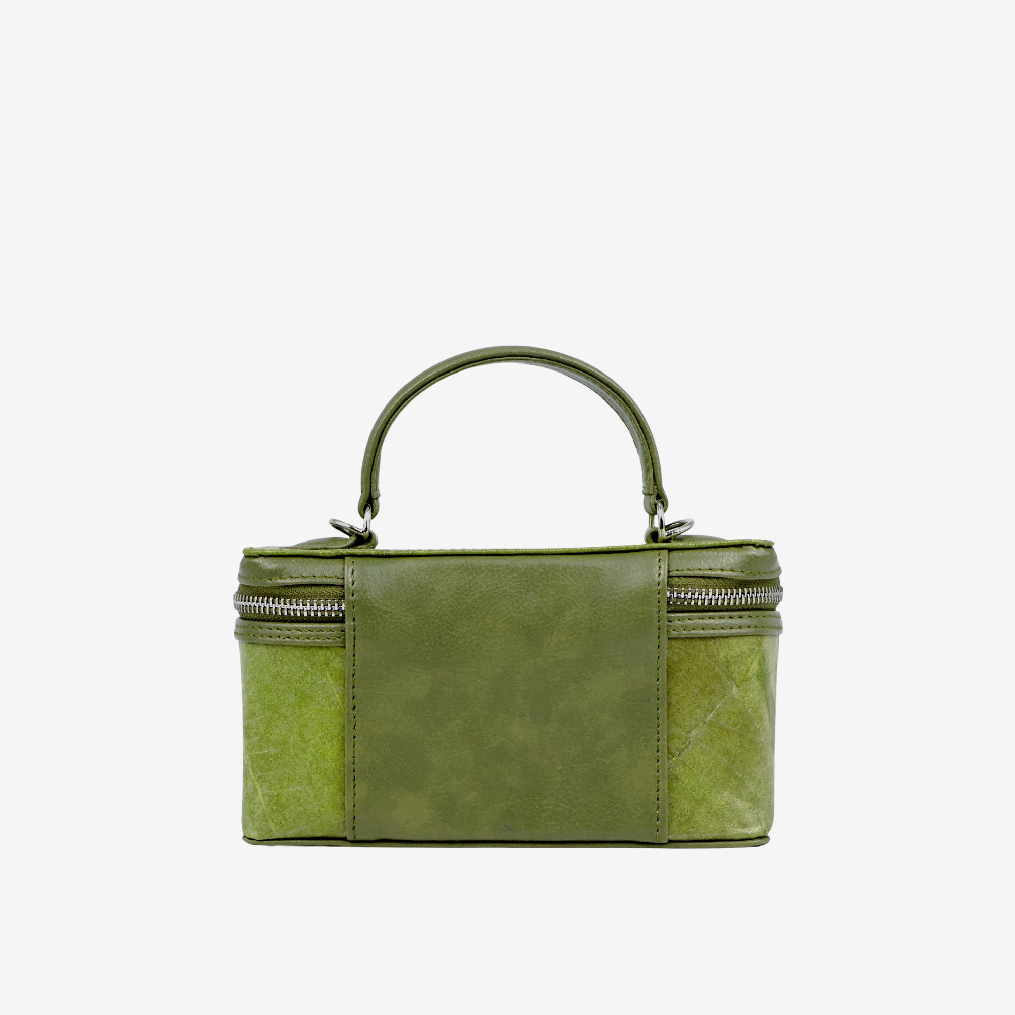 Back view of Thamon Vanity Crossbody Bag in olive green Leaftex with silver hardware.