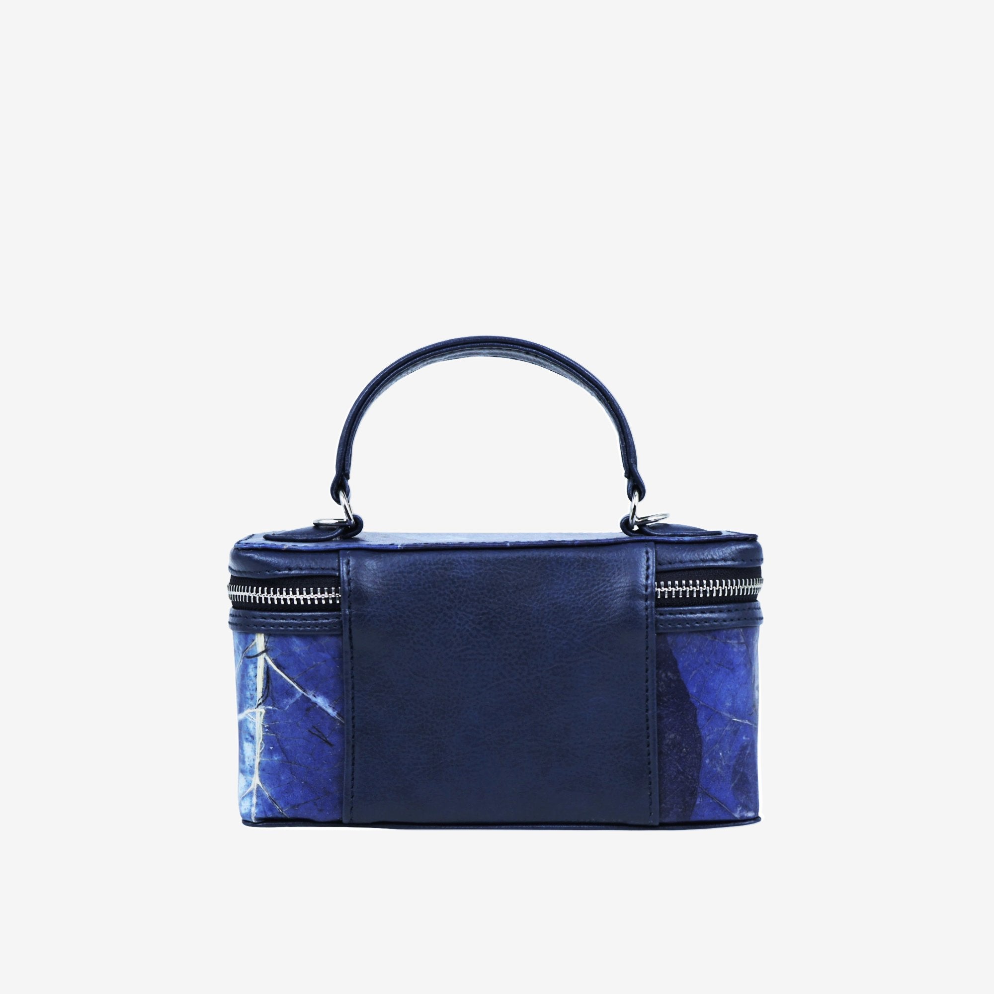 Back view of Thamon Vanity Crossbody Bag in sapphire Leaftex with silver hardware.