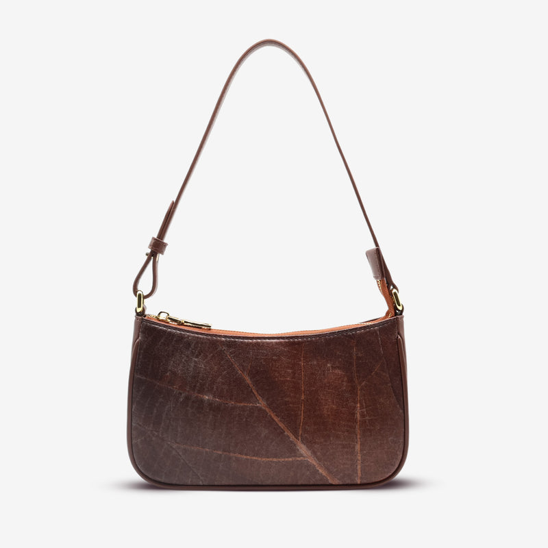 Front view of the Mila Walnut Brown Vegan Shoulder Bag with leaf leather detailing and adjustable shoulder strap