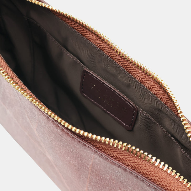 Inside view of the Mila Walnut Brown Vegan Shoulder Bag with leaf leather detailing and adjustable shoulder strap