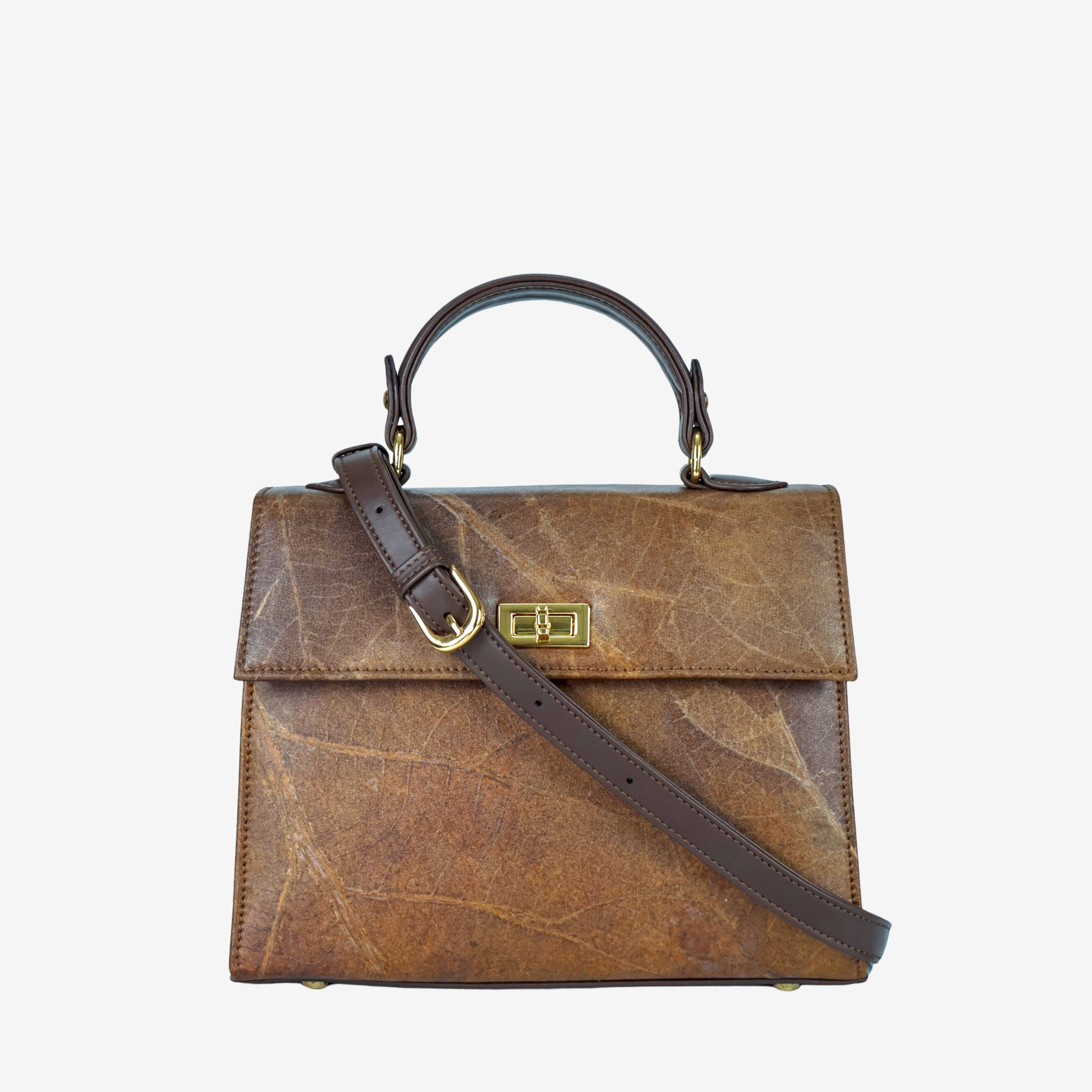 Front with strap Walnut Brown Leaf Pattern Kylie Bag by Thamon