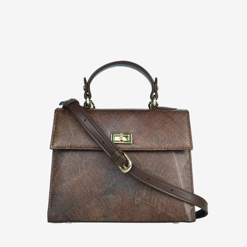 Front with strap Walnut Brown Leaf Pattern Kylie Bag by Thamon