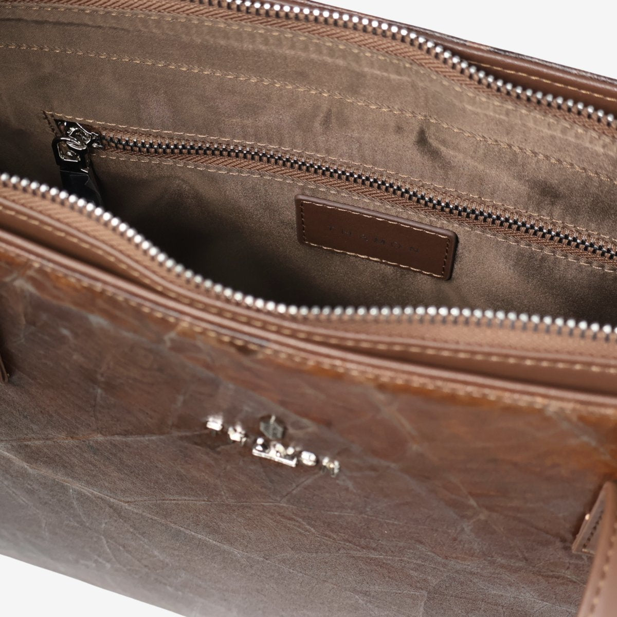 Inside detail view of Thamon London Walnut Brown tote bag in vegan leaf leather for women.