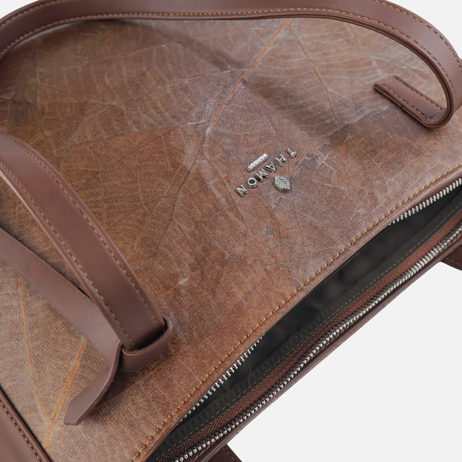Inside Walnut Brown Leaves Tote Bag by Thamon