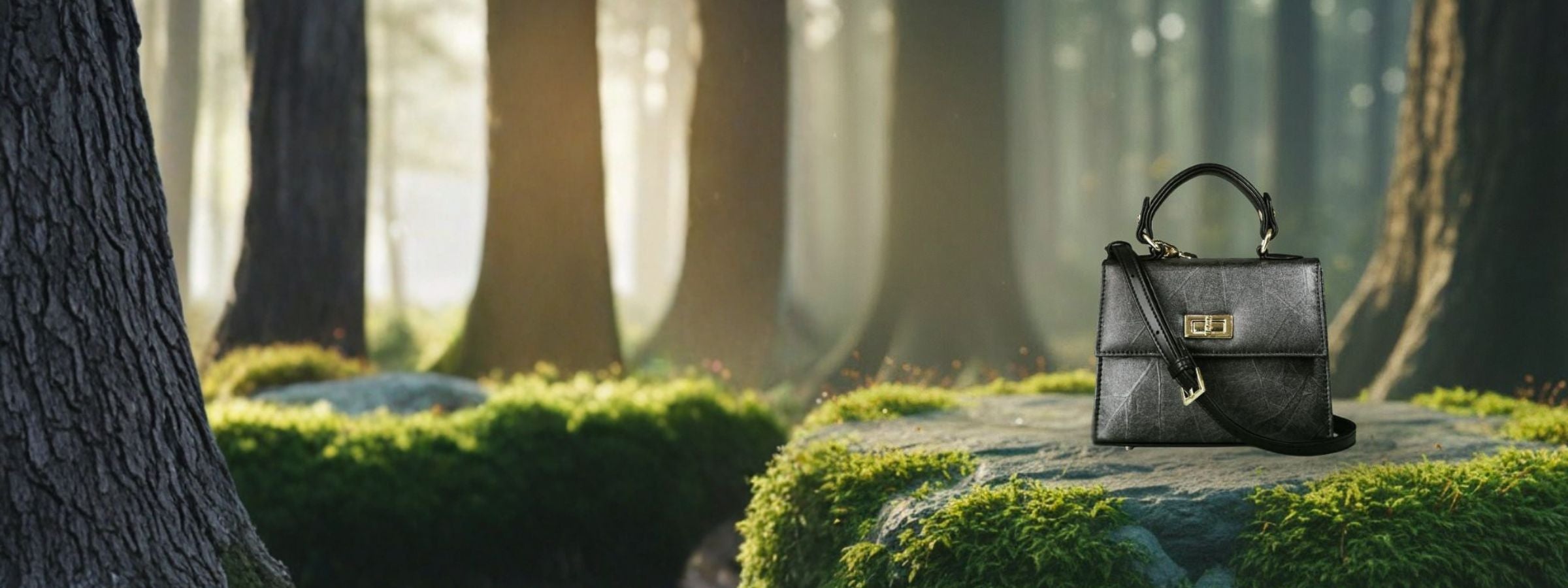 Thamon Halloween Brand Day banner featuring the Kylie Mini Bag in Black Leaftex on a moss-covered forest stone