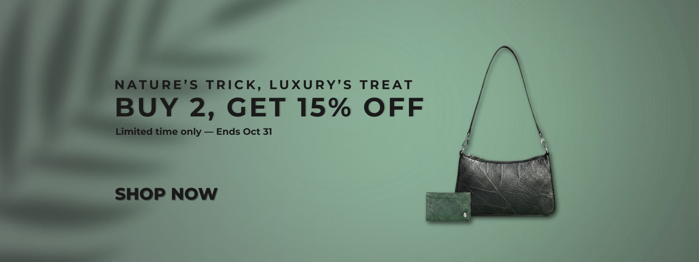 Thamon Halloween Brand Day website banner – Black Leaftex shoulder bag and Forest Green wallet on green backdrop, sustainable luxury design.