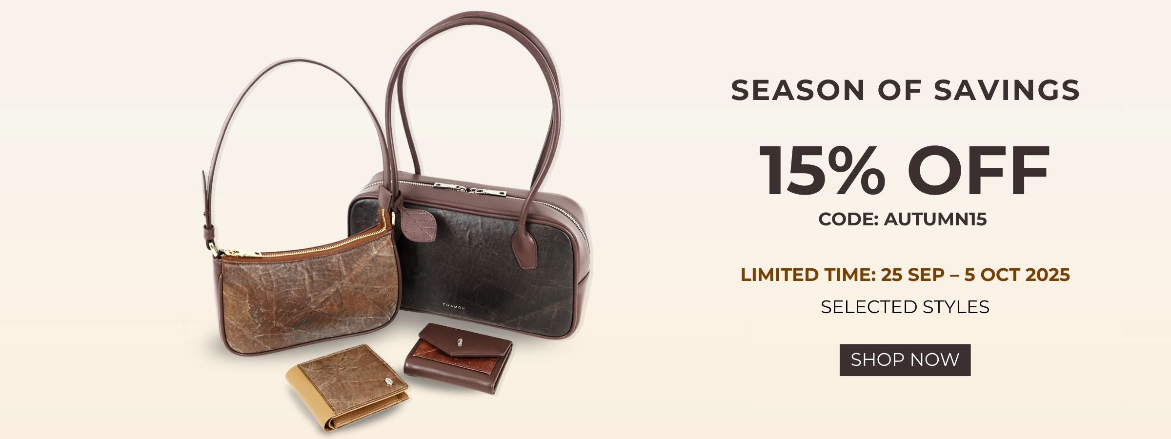 Thamon vegan handbags and wallets crafted from real leaves. Eco friendly sustainable fashion with 15% off Autumn Sale, code AUTUMN15, 25 Sep – 5 Oct 2025.