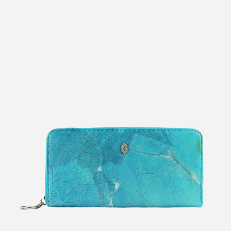 Front Turquoise Leaf Pattern Zip Around Wallet by Thamon