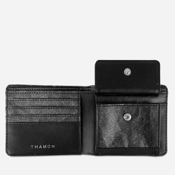 Open view of the Black Vegan Leather Men's Coin Wallet by Thamon showing multiple card slots and coin compartment