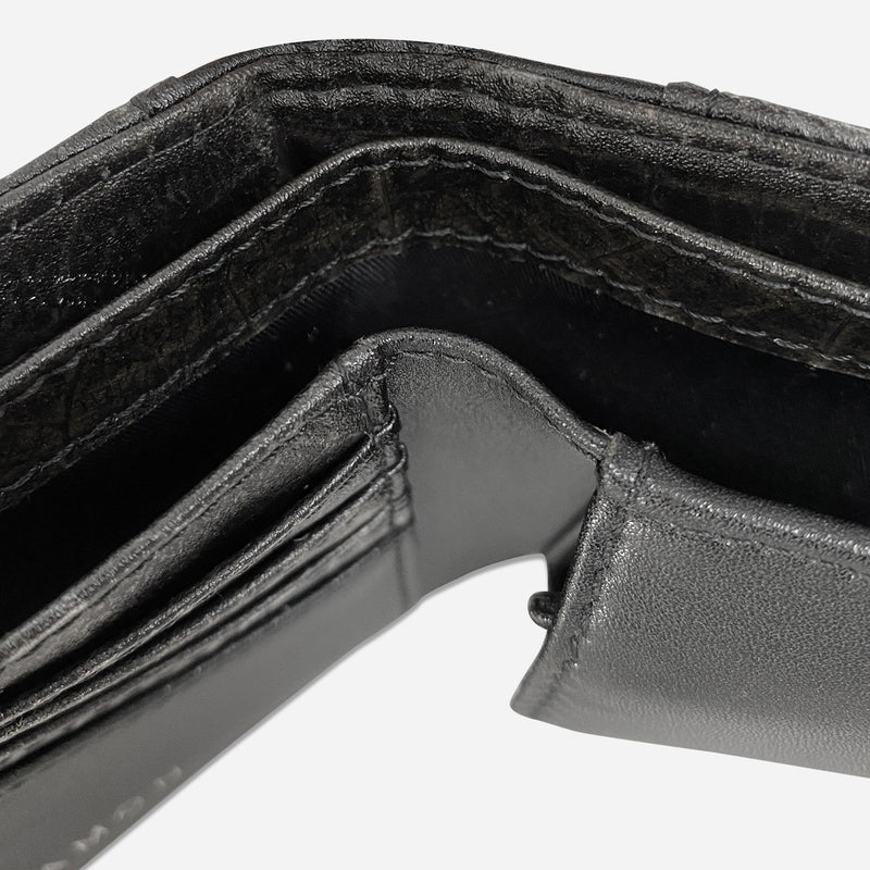 Inside view of the Black Vegan Leather Men's Coin Wallet by Thamon showcasing the coin compartment, cash compartments and card slots
