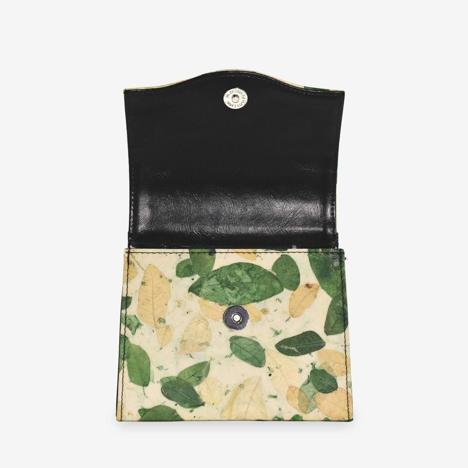 Box Bag in Camouflage 2 shown open, with a black interior flap and magnetic closure.