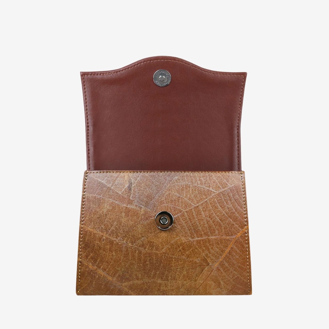 Interior view of Box Bag in spice brown made from leaf leather