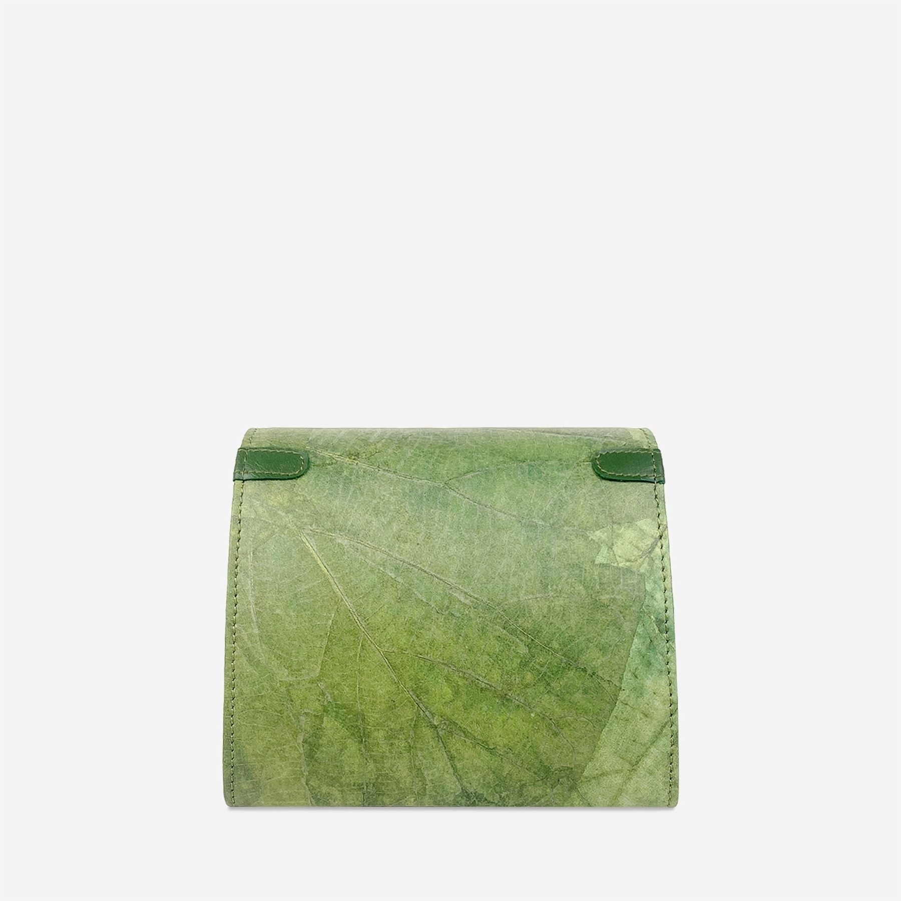 Back view of Box bag in olive green leaf leather showing smooth textured organic leaf patterns