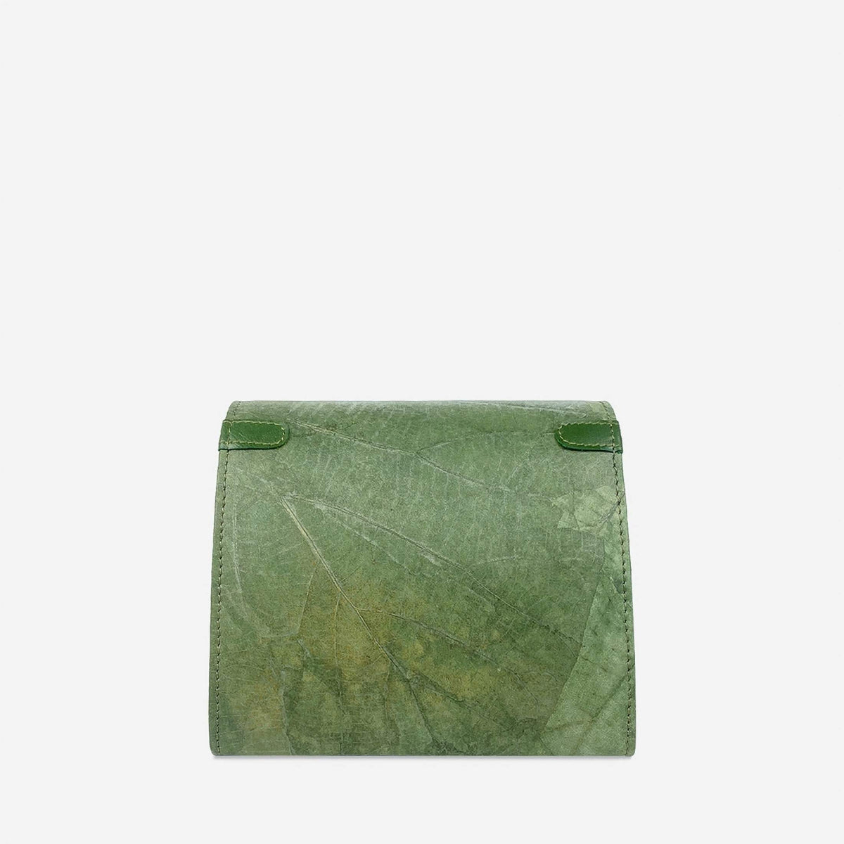Back view of the BOX crossbody bag in Olive Green Leaftex, showing its natural leaf pattern and stitching.