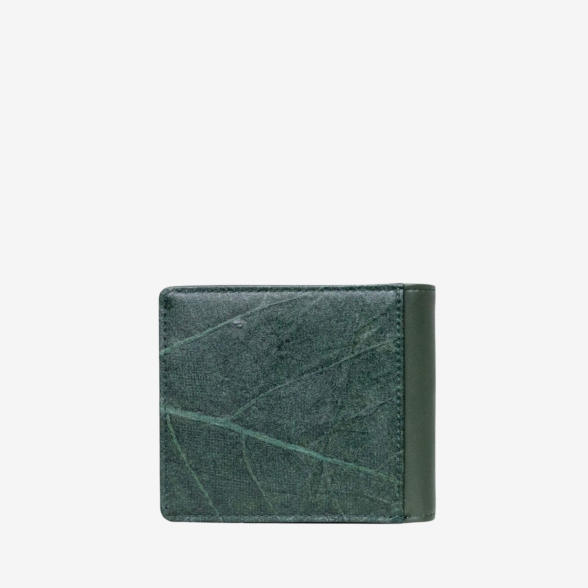 Back view of coin wallet in forest green made from real leaf leather