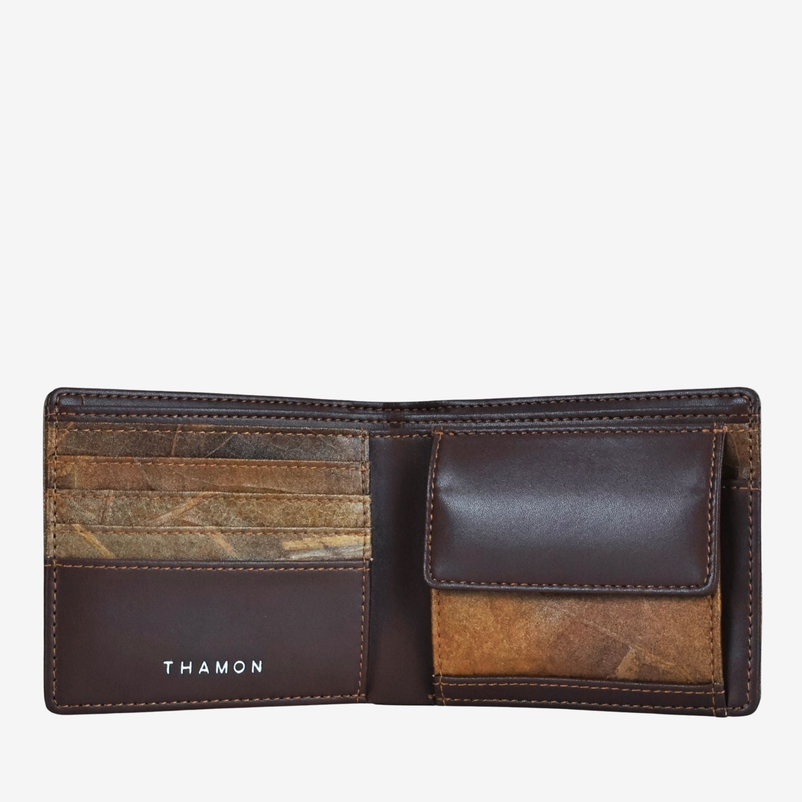 Interior view of coin wallet in spice brown showing coin pocket
