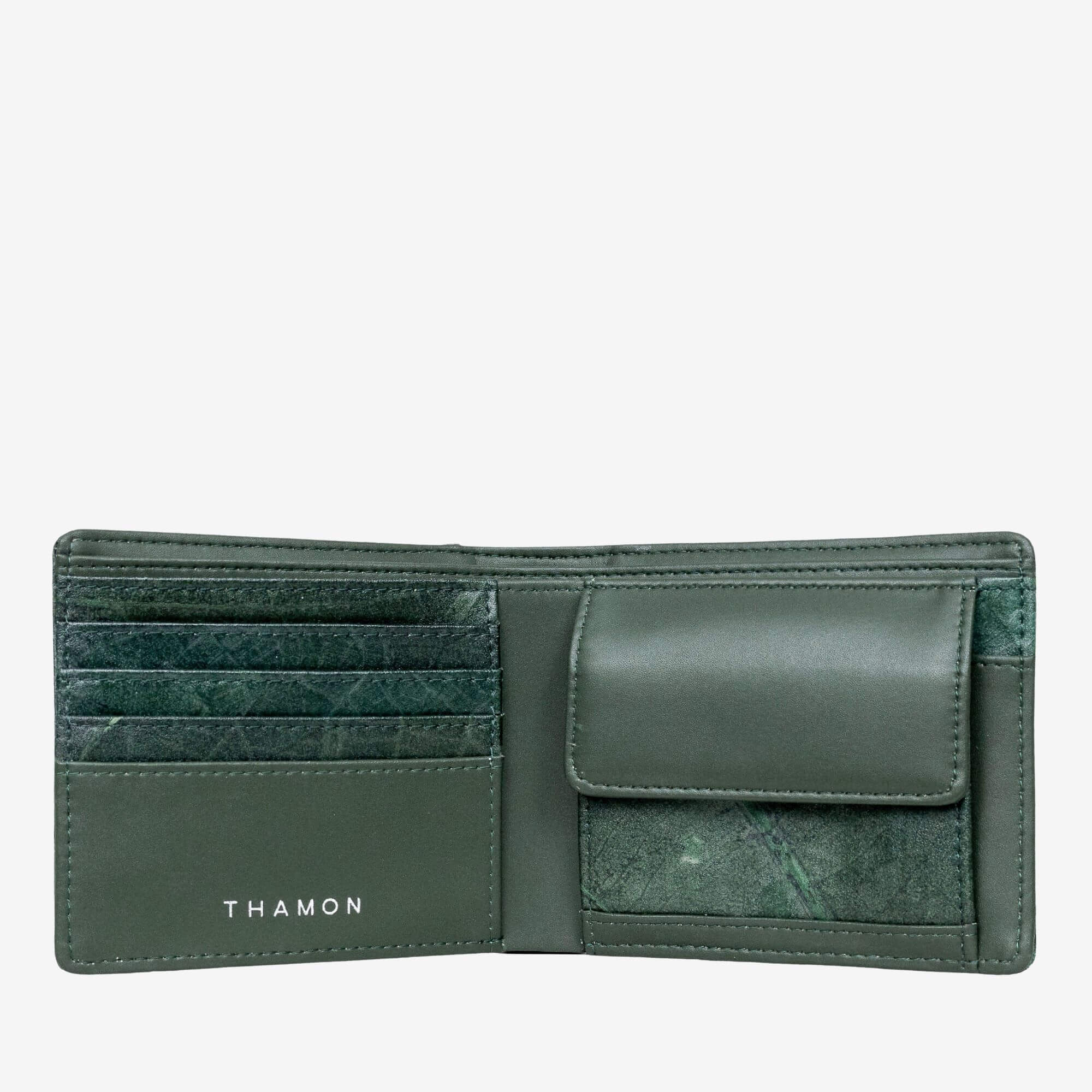 Coin wallet with open compartment in forest green made from leaf leather