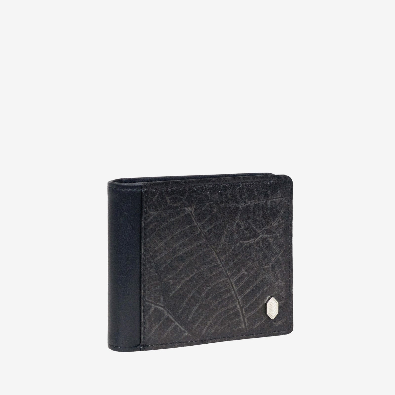 Side view of coin wallet in black made from real leaf leather