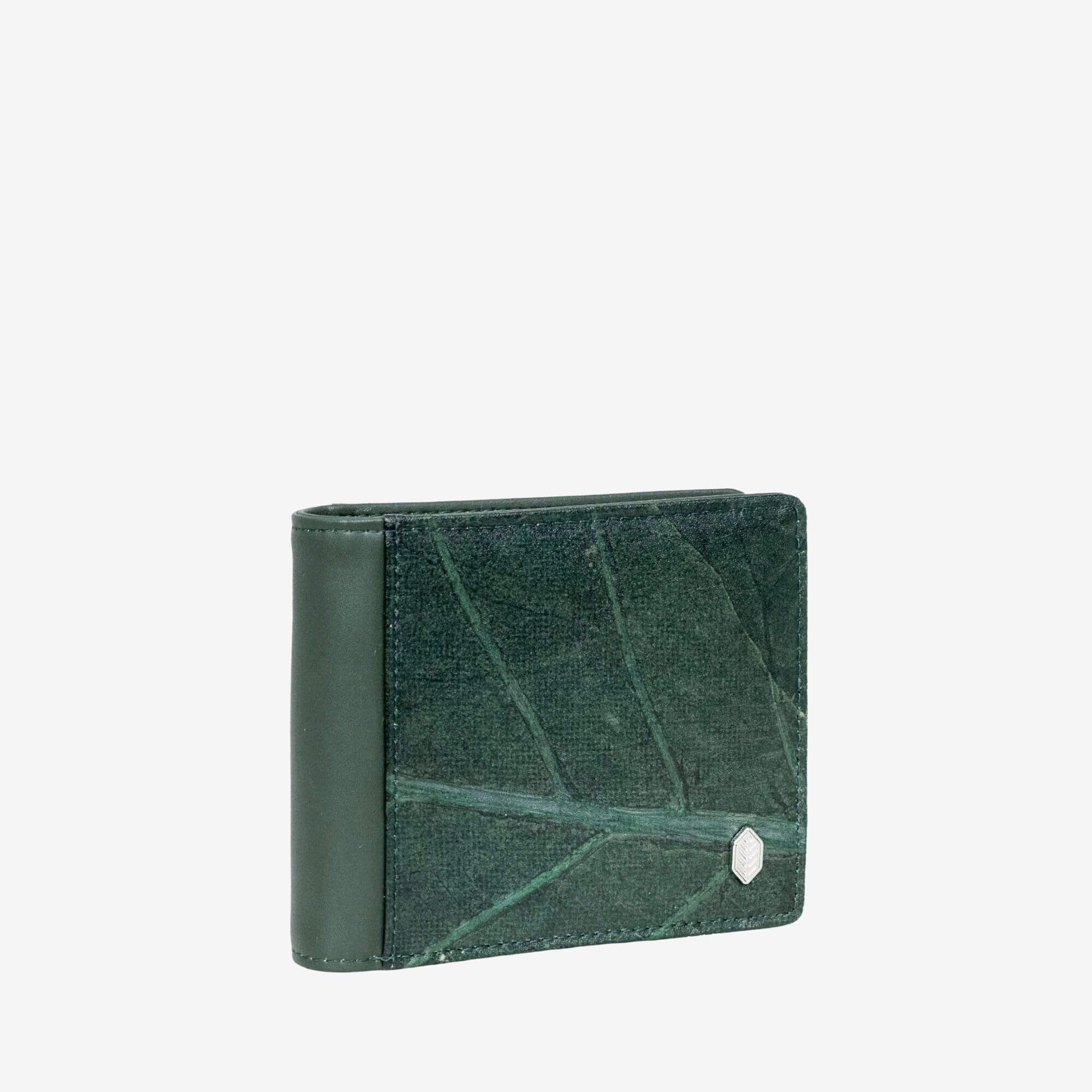 Side view of coin wallet in forest green made from real leaf leather