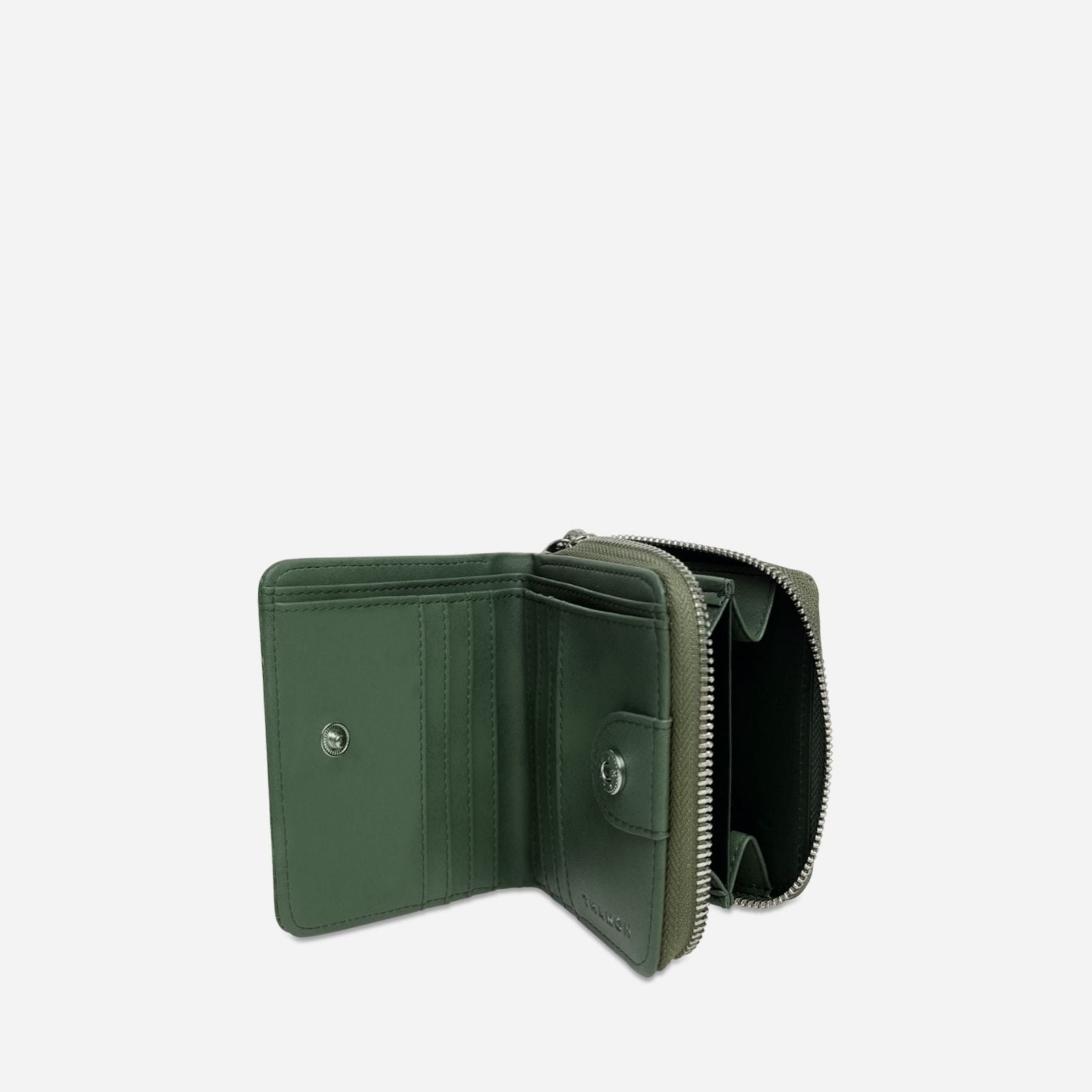 Open Compact Zip Wallet in Camouflage Leaftex showing the inner sections and zip detail