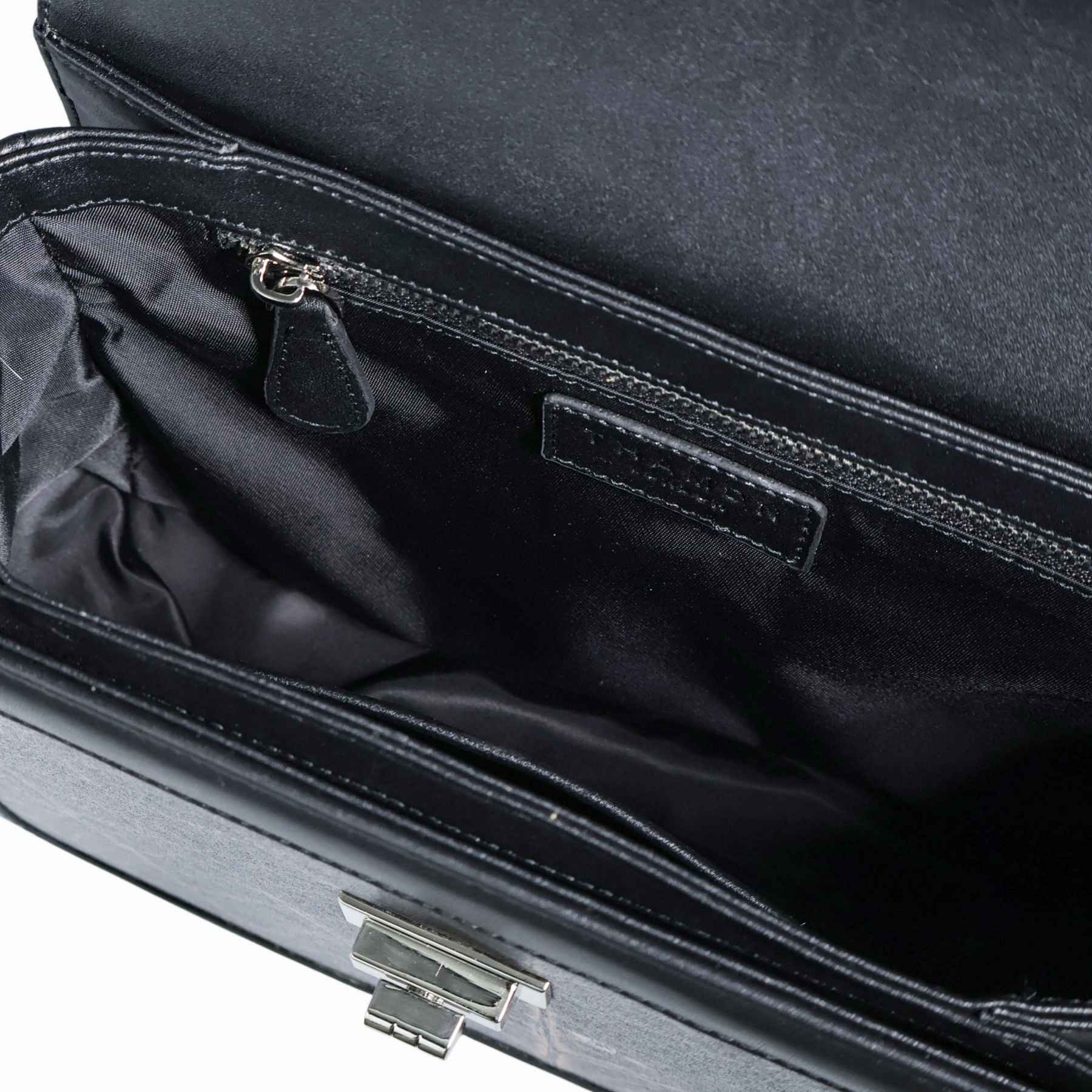 Interior detail of Copenhagen bag in black made from leaf leather