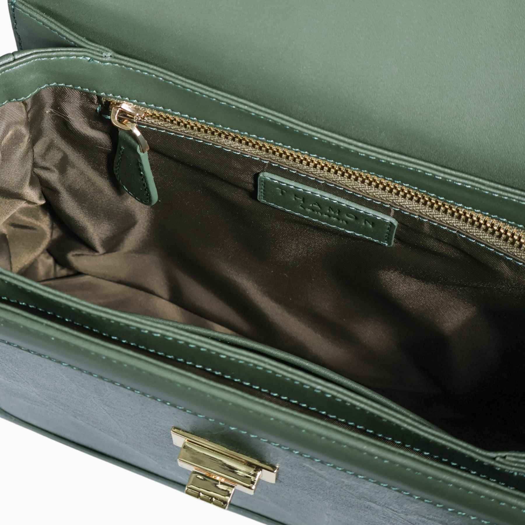 Interior detail of Copenhagen bag in forest green made from leaf leather