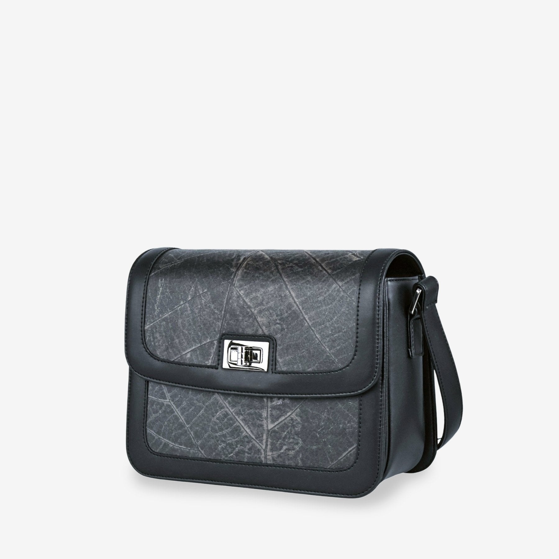 Side view of Copenhagen bag in black made from leaf leather