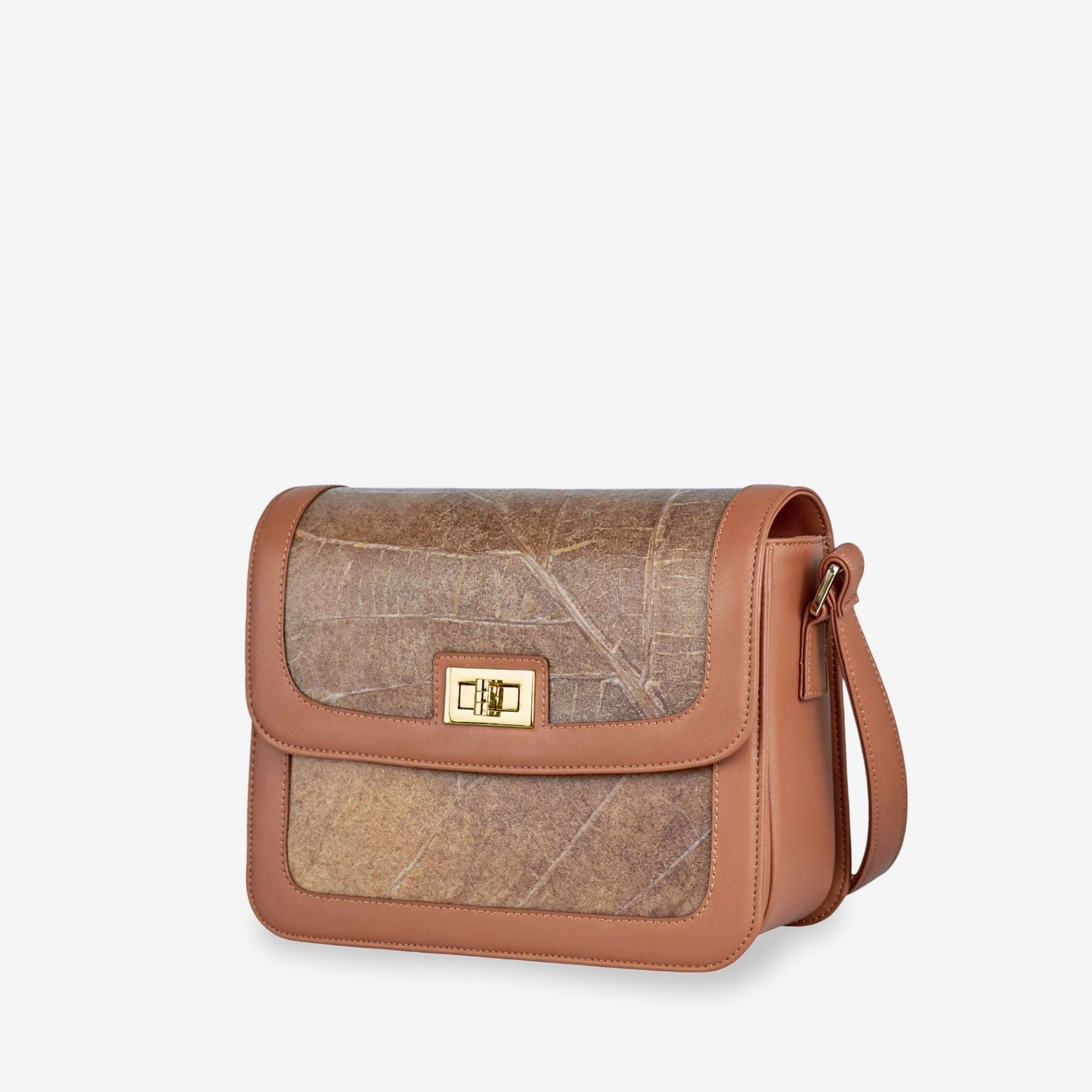 Side view of Copenhagen bag in caramel made from leaf leather