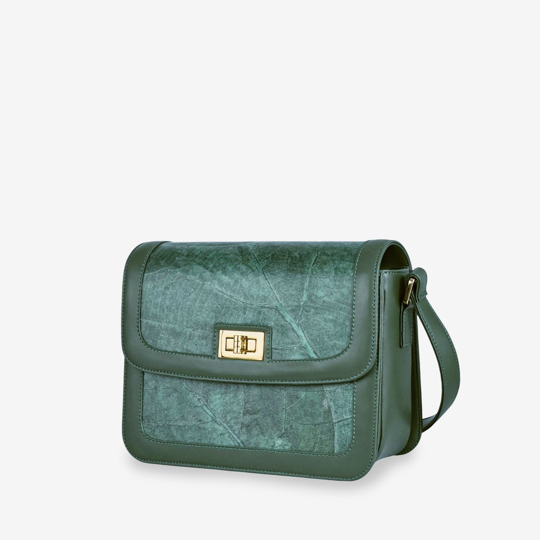 Side view of Copenhagen bag in forest green made from leaf leather
