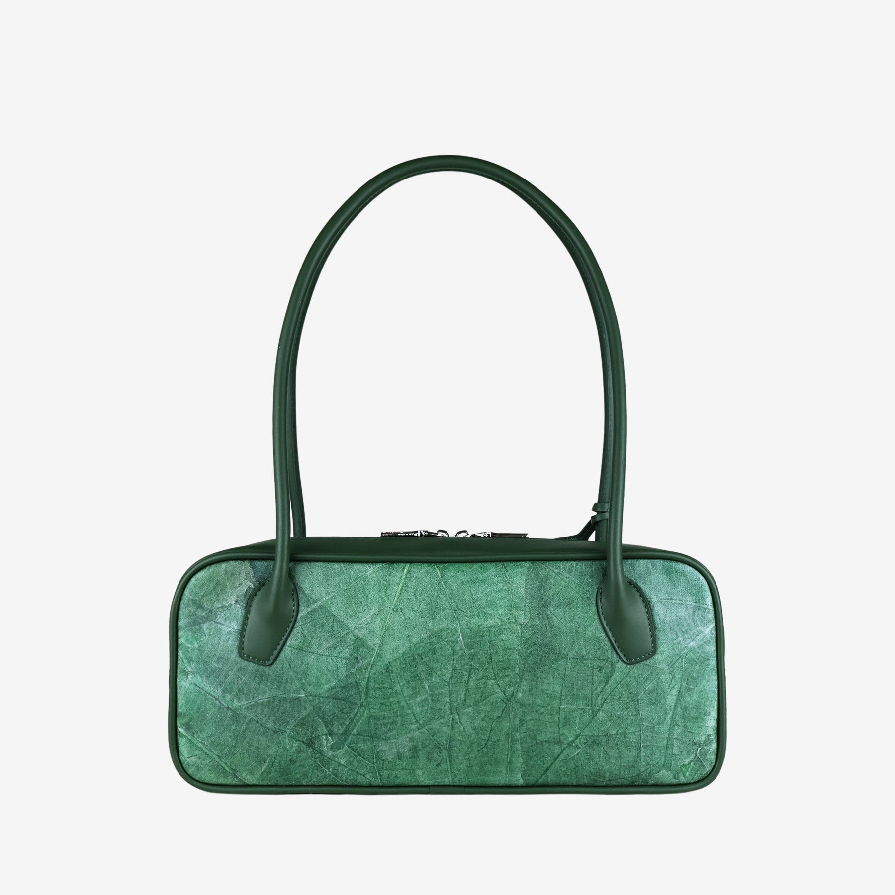 A rectangular, dark green vegan leather shoulder bag with a subtle, lighter green leaf-patterned texture and a silver zipper closure visible at the top.