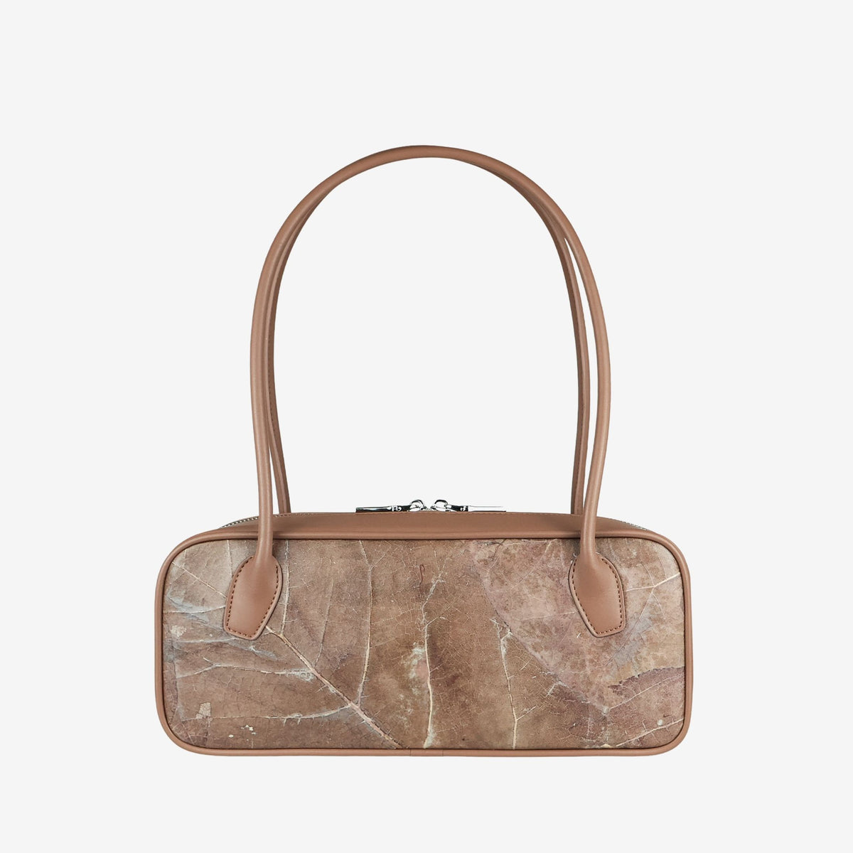 Back view of the THAMON CRAUGETTE shoulder bag in Taupe, showing the natural leaf texture, rounded handles and matching trim.