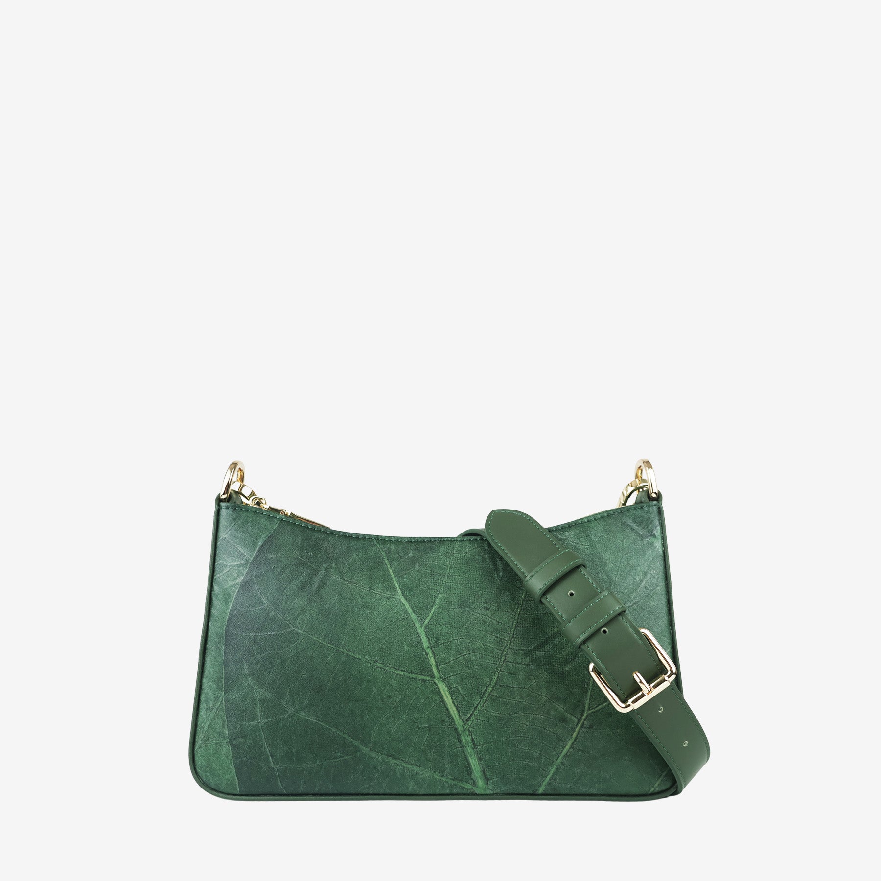 Forest Green Maki Bag with adjustable strap, highlighting the vegan leather strap and buckle