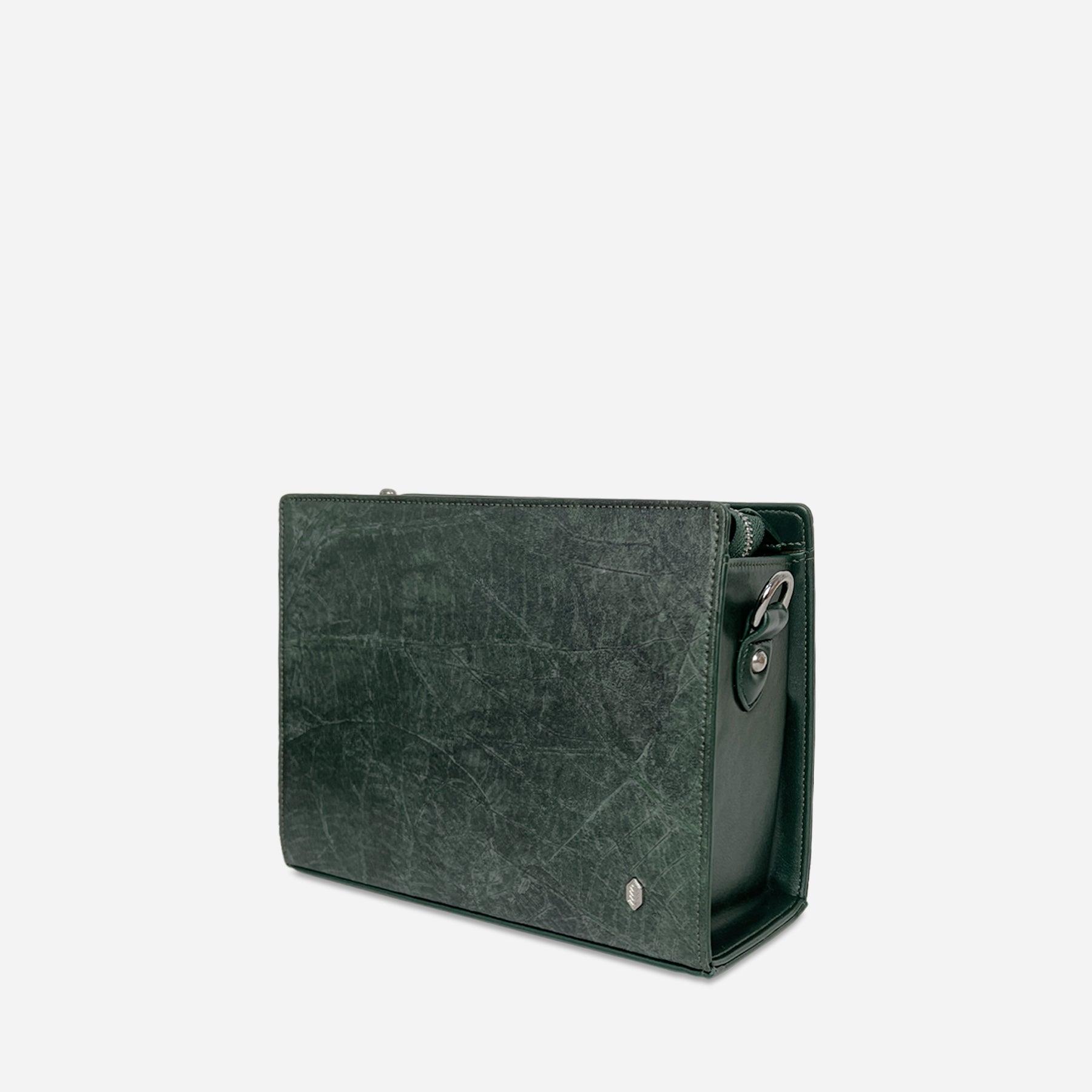 Side view of the Forest Green Ingrid Bag by Thamon, crafted from Leaftex (real leaf leather)