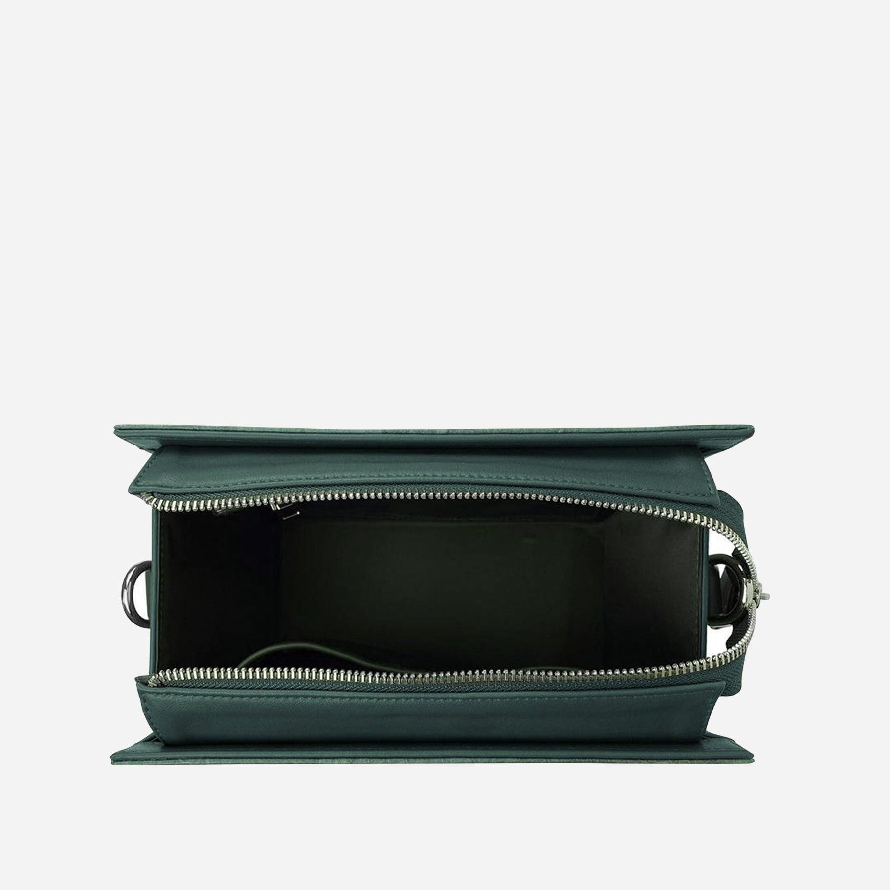 Top view of the Forest Green Ingrid Bag by Thamon, showing dual-zip compartments and spacious interior, crafted from Leaftex (real leaf leather).